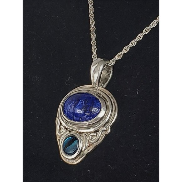 JC Sterling Silver 925 Blue Lapis Lazuli & Opal Pendant Necklace 18" Chain - Picture 4 of 16